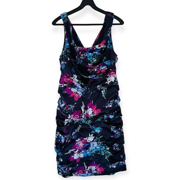 Express Navy Blue Floral Ruched V Neck Sleeveless Dress Size 12 - Picture 1 of 6
